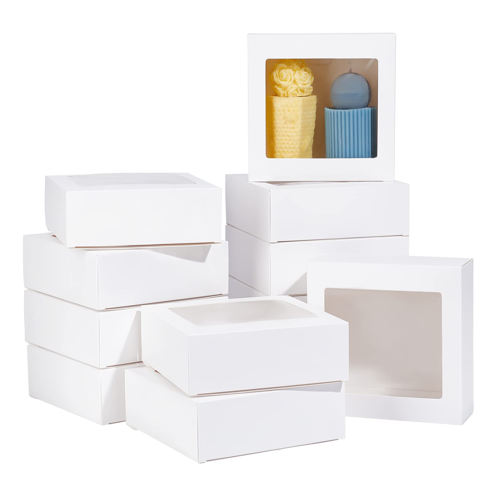 BENECREAT 16Packs 5.5x5.5x2inch Clear PVC Square Window Gift Boxes, White Kraft Paper Present Boxes for Wedding Favor, Festival Gift Packaging, Chocolates, Cookies Small Crafts