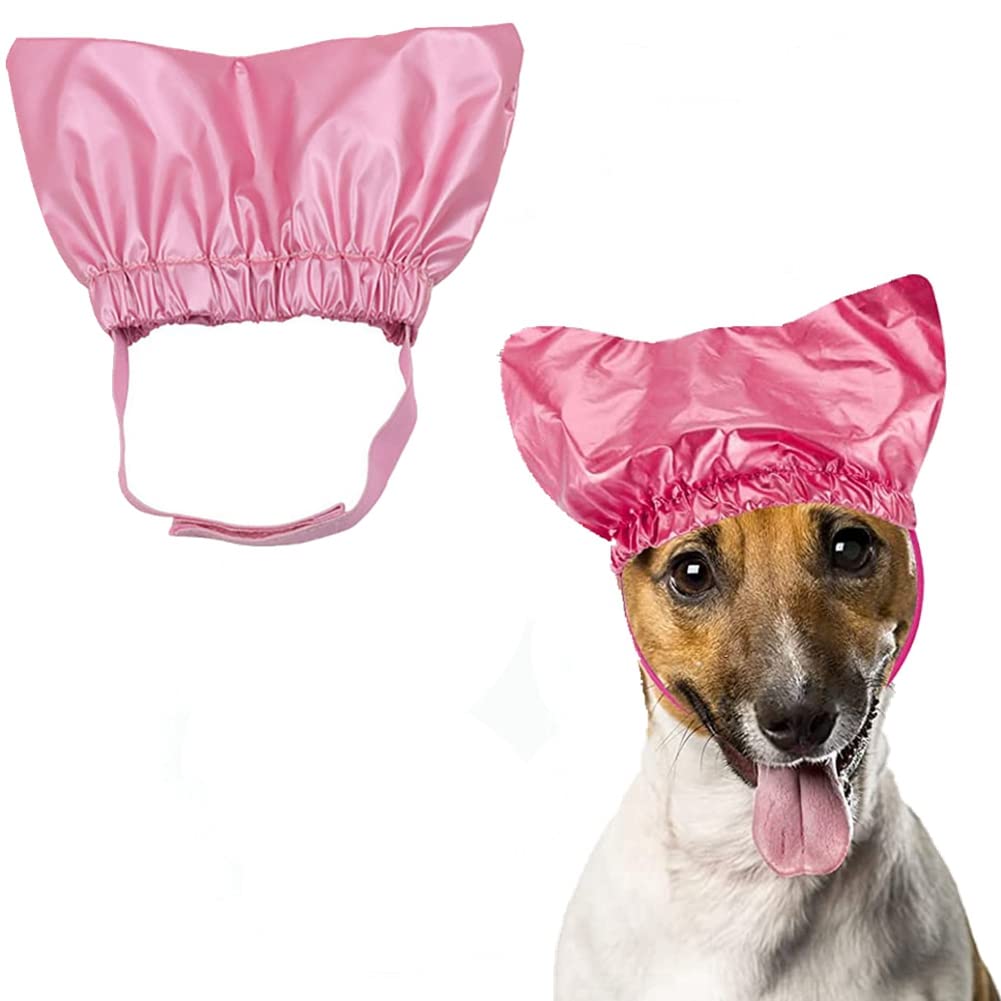 Pet Shower Cap - Waterproof Reusable Bath Ear Covers with Adjustable Strap Prevent Water in Ears Elastic Headgear for Cat Dog Kitten Puppy (S (10.2''-13.4''), Pink)