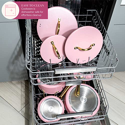 Paris Hilton Iconic Nonstick Pots and Pans Set, Multi-layer Nonstick Coating, Matching Lids With Gold Handles, Made without PFOA, Dishwasher Safe Cookware Set, 10-Piece, Pink