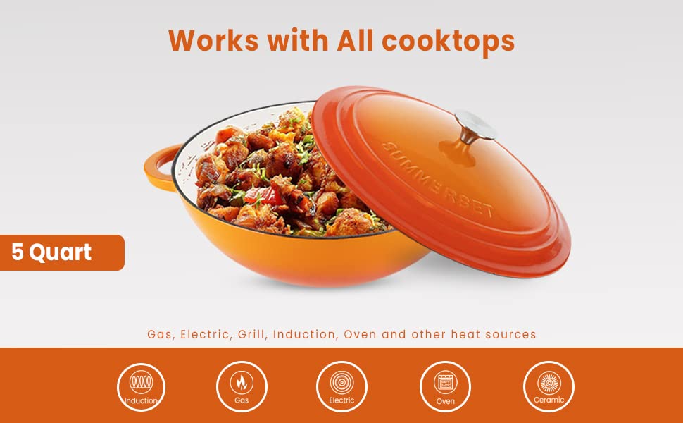 Enameled Cast Iron Braiser Pan Dutch Oven (Orange)