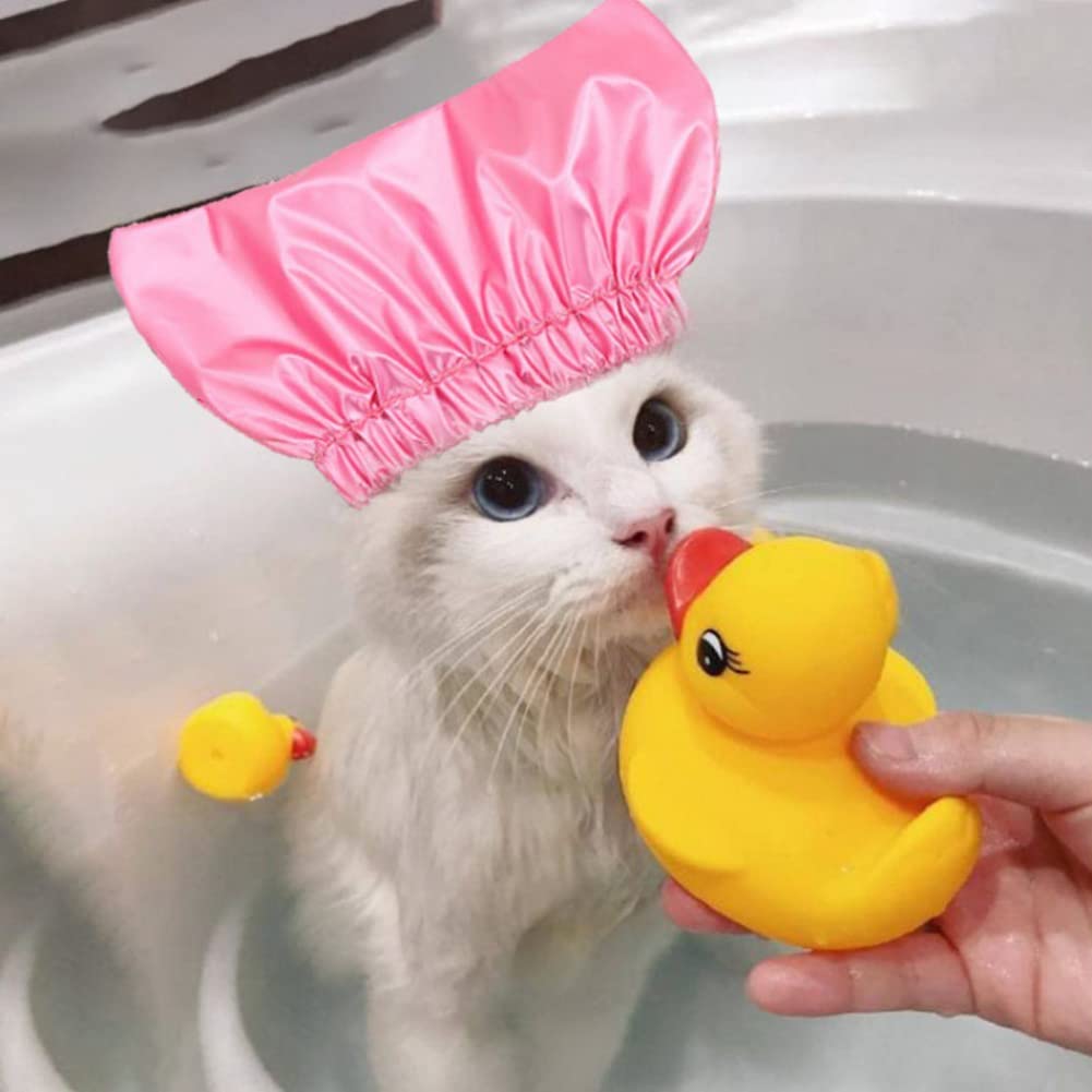 Pet Shower Cap - Waterproof Reusable Bath Ear Covers with Adjustable Strap Prevent Water in Ears Elastic Headgear for Cat Dog Kitten Puppy (S (10.2''-13.4''), Pink)