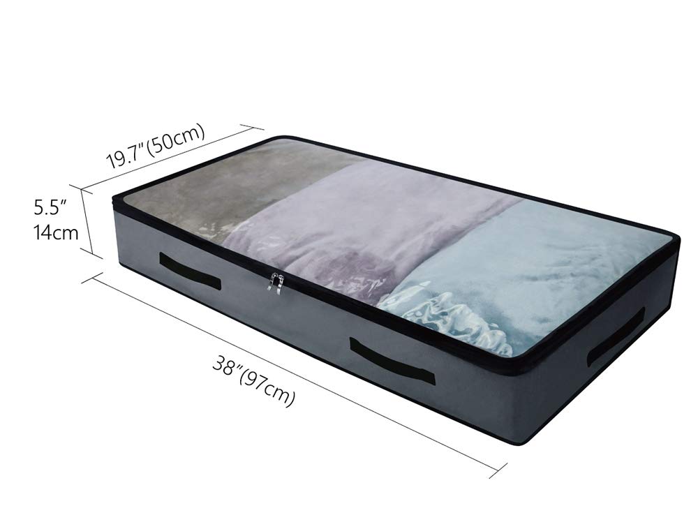 AMJ 3 Pack Underbed Storage Bags, Transparent Zip Lid Under Bed Storage Bags, Foldable Under-Bed Storage Bags and Containers, Dark Gray