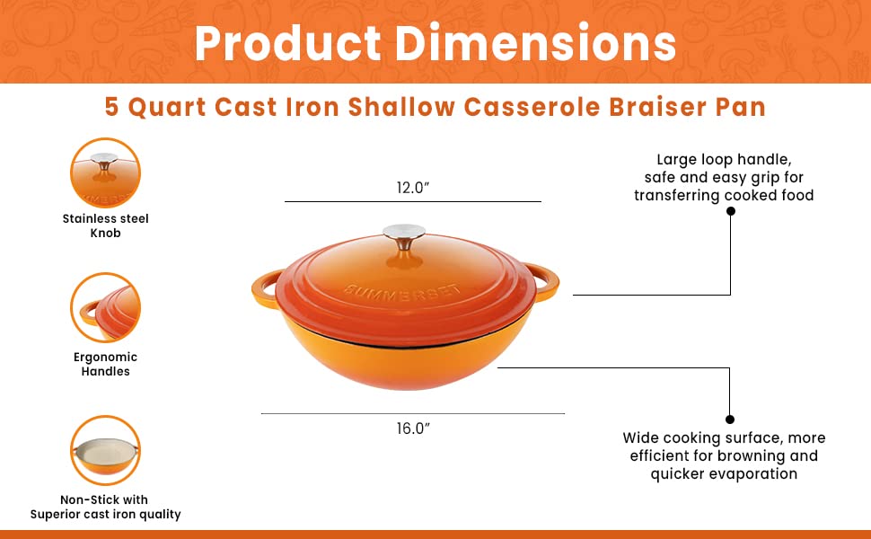 Enameled Cast Iron Braiser Pan Dutch Oven (Orange)