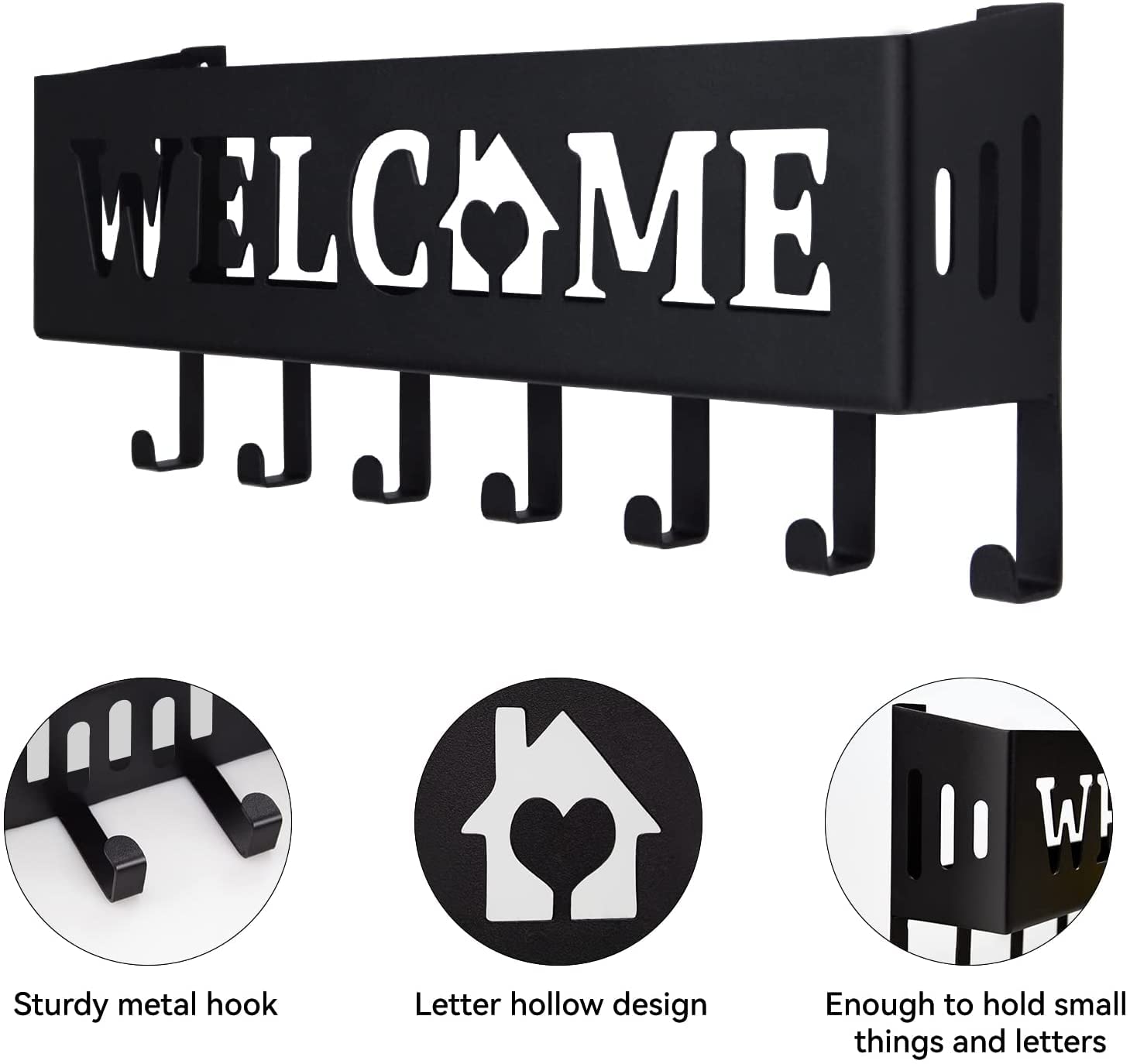 decorelax Key Holder & Rack Welcome Style Design Metal Key Rack with 7 Hooks Mail and Key Organizer Black