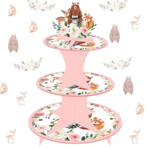 woodland animal party cupcake stand for girls pink 3-tier cake stand for baby shower jungle animal cupcake tower decorations for woodland birthday animal theme party cake holder decorations for kids