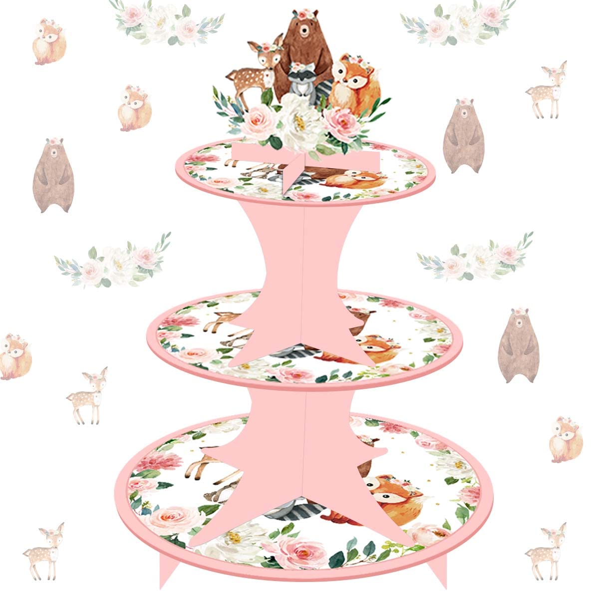 Woodland Animal Party Cupcake Stand for Girls Pink 3-Tier Cake Stand for Baby Shower Jungle Animal Cupcake Tower Decorations for Woodland Birthday Animal Theme Party Cake Holder Decorations for Kids