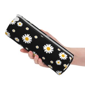 Ykklima White Yellow Daisy Flower Black Leather Pencil Case Zipper Pen Makeup Cosmetic Holder Pouch Stationery Bag for School Work Office