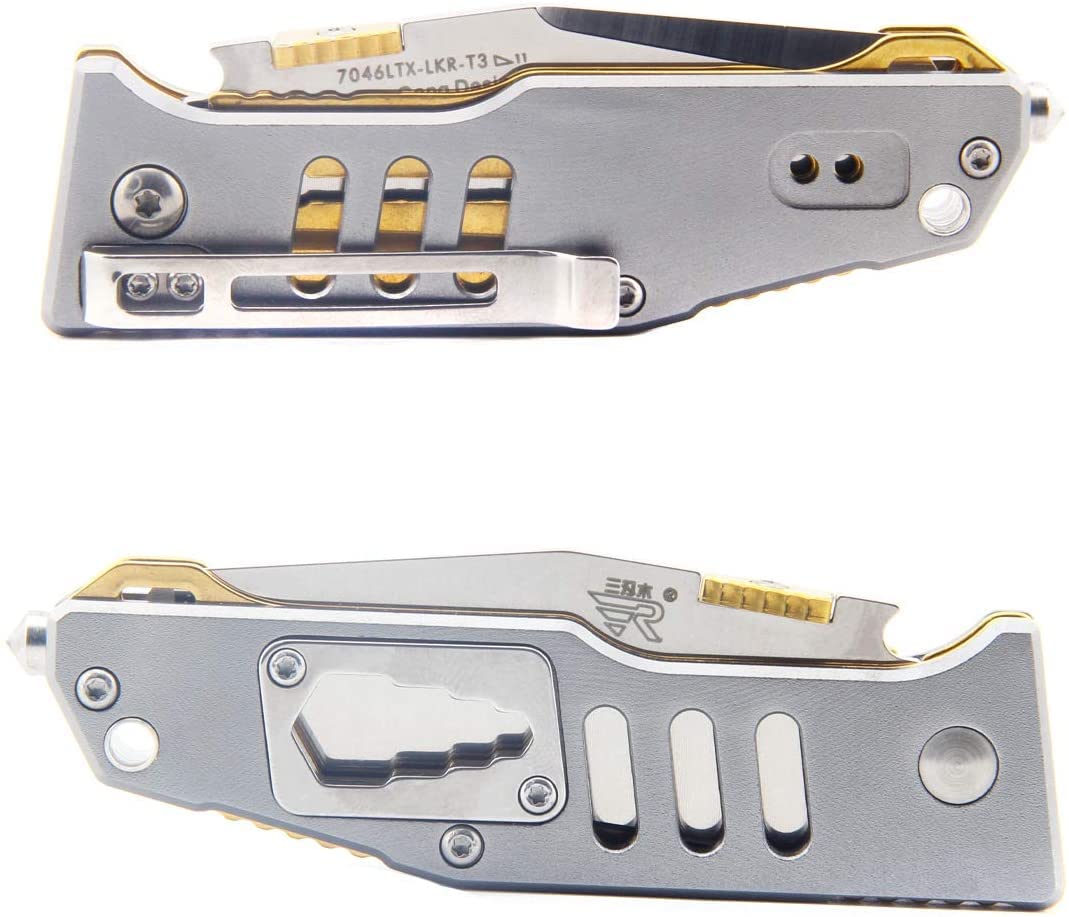 Sanrenmu 7046 Folding Pocket Knife with Tanto Blade Multi function Knife (Grey&Golden)