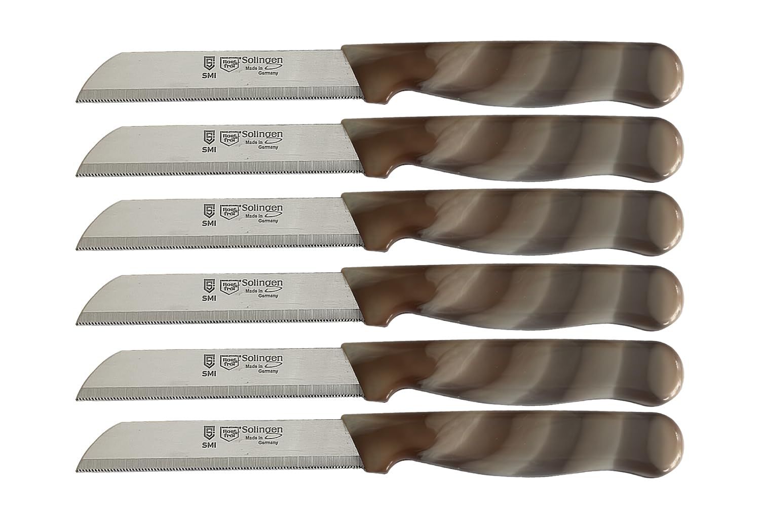 SMI - 6 Pcs Paring Knife Set Serrated Edge, Vegetable Knife, Fruit Knife, Kitchen Knife Made in Solingen Germany (Brown White)