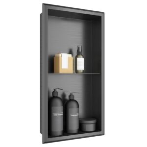 Agabok Shower Niche, 12" x 24" Black Stainless Steel Niche No Tile Needed, Two-Tier Wall Niche, Recessed Shower Shelf, Bathroom Niche for Storage