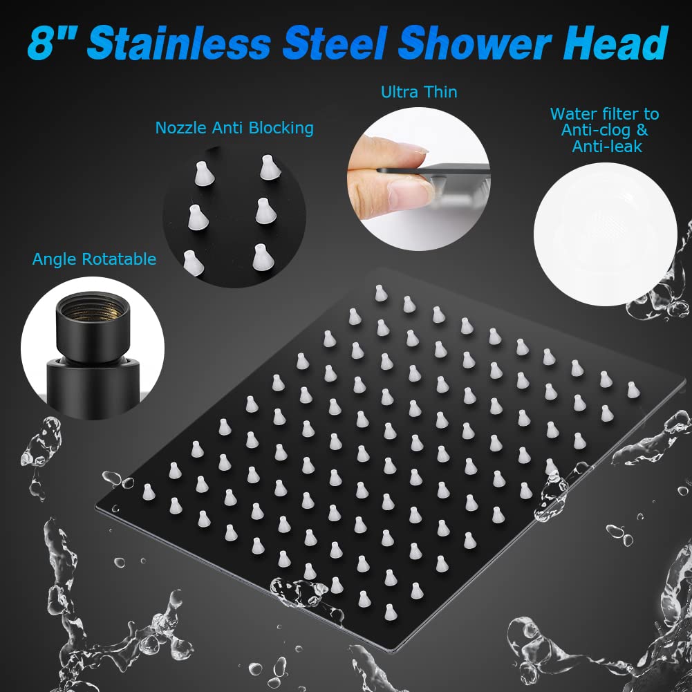 Taiker Shower Head, High Pressure 8'' Rainfall Stainless Steel Shower Head/Handheld Combo with 60'' Hose Anti-leak Shower Head with Holder, Flow Regulator, Chrome, 4 Shower Hooks Black