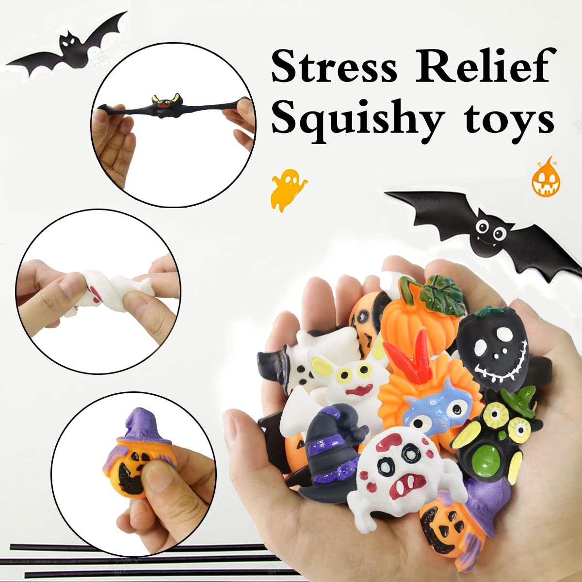 48 Pcs Halloween Mochi Squishy Toys,Mini Squishies Cute Squeeze Toy Stress Reliever Anxiety Packs for Kid Party Favors,Christmas Miniature (Halloween)