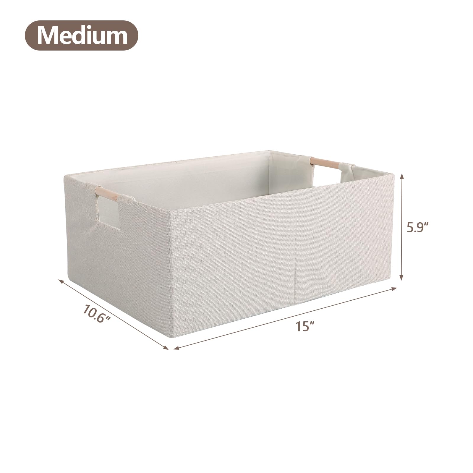 LaMorée Fabric Storage Bin Box Foldable Cotton Linen Storage Basket with Wooden Handles Rectangular Cube Decorative Home Laundry Organizer Clothes Blanket Container – Beige, Medium