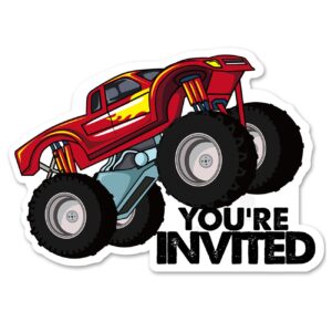 monster truck themed party invitations with envelopes, 20 set monster truck shaped invitations birthday baby shower party invites supplies favors, double-sided