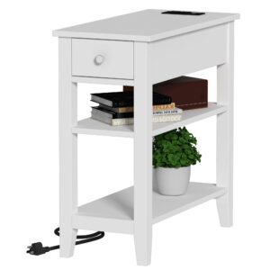 choochoo narrow end table with charging station, side table living room with usb ports & power outlets and hidden drawer, 3-tier skinny nightstand with 2 open storage shelves for small place (white)