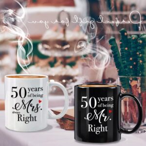 FALJIOK 50 Year Anniversary Coffee Mugs Set of 2, 50 Years of Being Mr Right & Mrs Always Right Mug 11oz, 50th Wedding Anniversary Mug Gifts for Couple Parents Grandparents