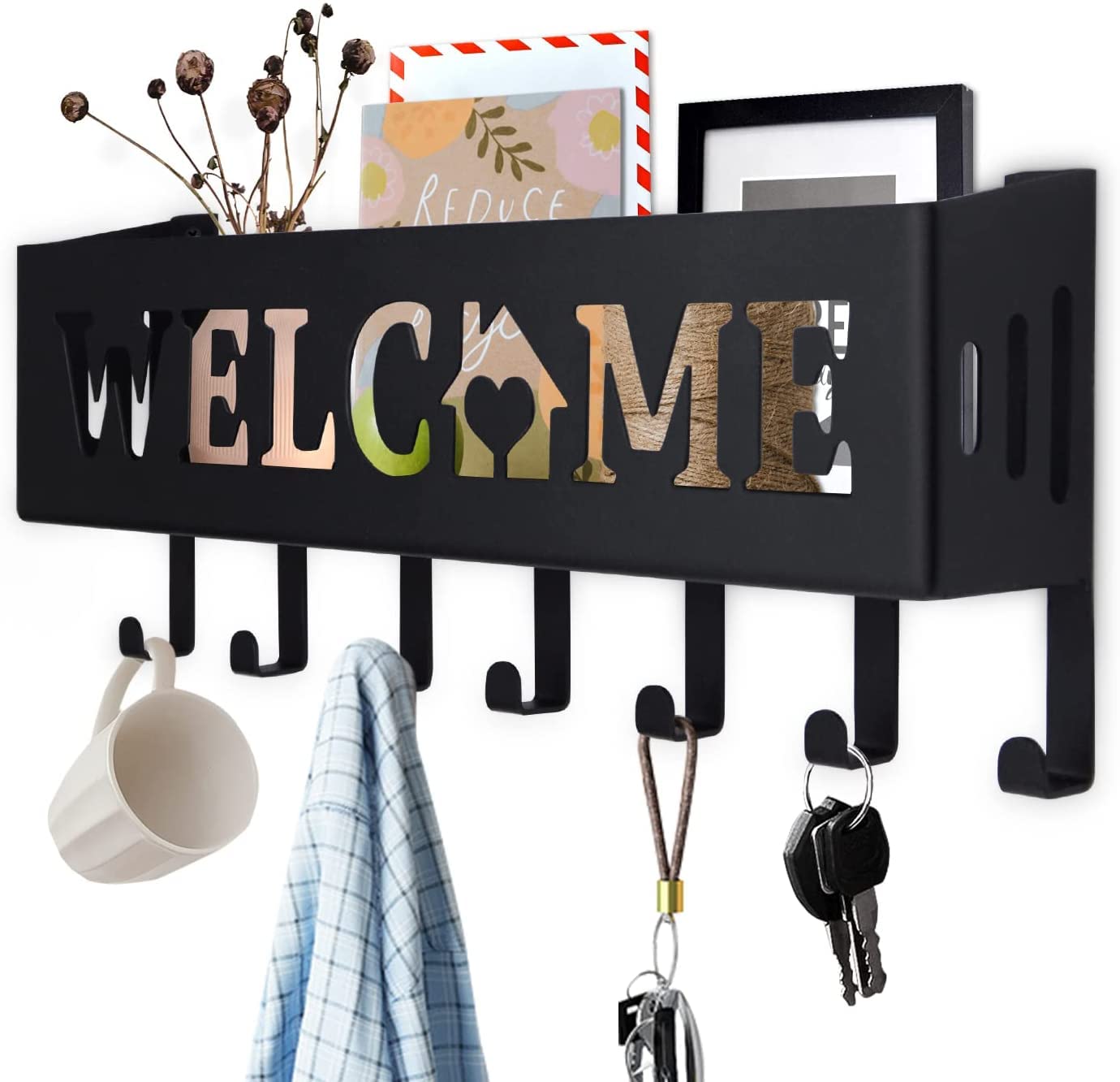 decorelax Key Holder & Rack Welcome Style Design Metal Key Rack with 7 Hooks Mail and Key Organizer Black