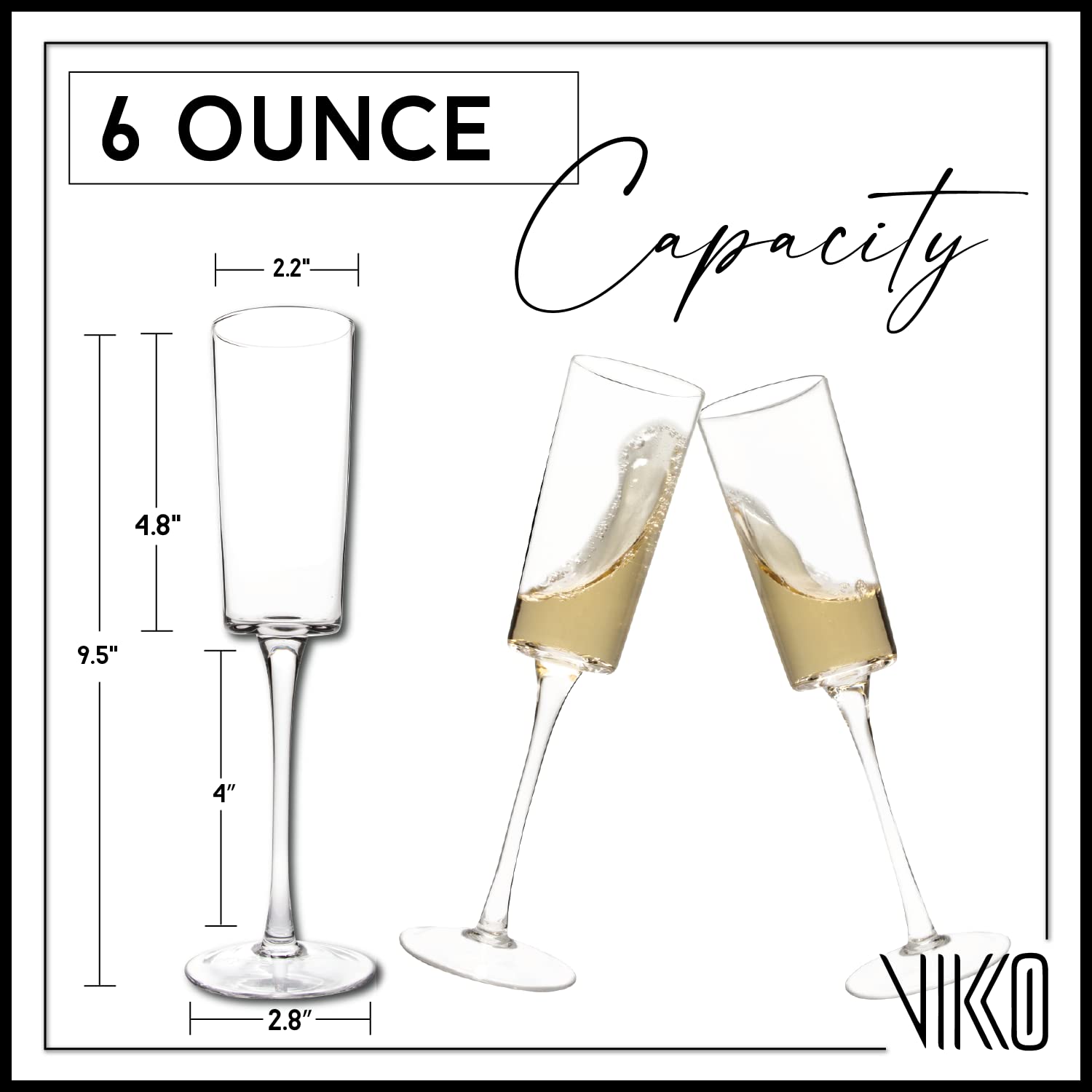 Vikko Champagne Flutes, Large 8 Oz Capacity, Crystal Clear Champagne Glasses, Set of 2 Elegant Sparkling Wine Glasses