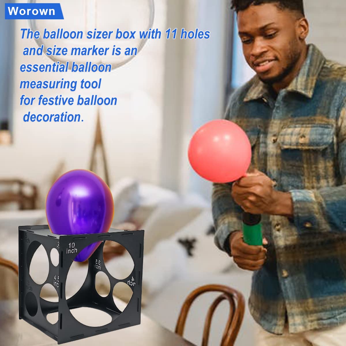 Worown 11 Holes Collapsible Black Plastic Balloon Sizer Box, Balloon Sizer Cube, Balloon Size Measurement Tools for Balloon Decorations, Balloon Arches (2-10 Inch)