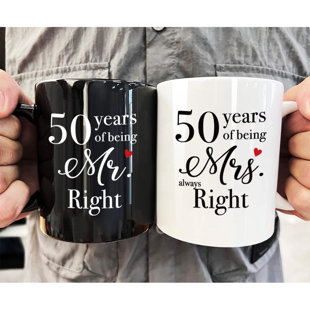 FALJIOK 50 Year Anniversary Coffee Mugs Set of 2, 50 Years of Being Mr Right & Mrs Always Right Mug 11oz, 50th Wedding Anniversary Mug Gifts for Couple Parents Grandparents