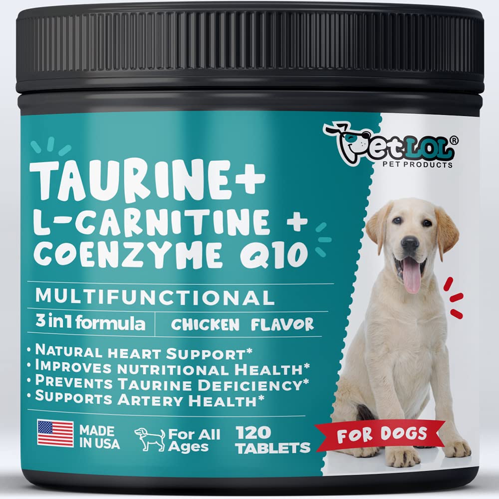 PET LOL Taurine Supplement for Dogs with L-Carnitine and Coenzyme Q10 (CoQ10): Vet Endorsed for Enlarged Heart (DCM), Congestive Heart Failure, Taurine Deficiency: 3-in-1 | Dog Supplements- 120ct