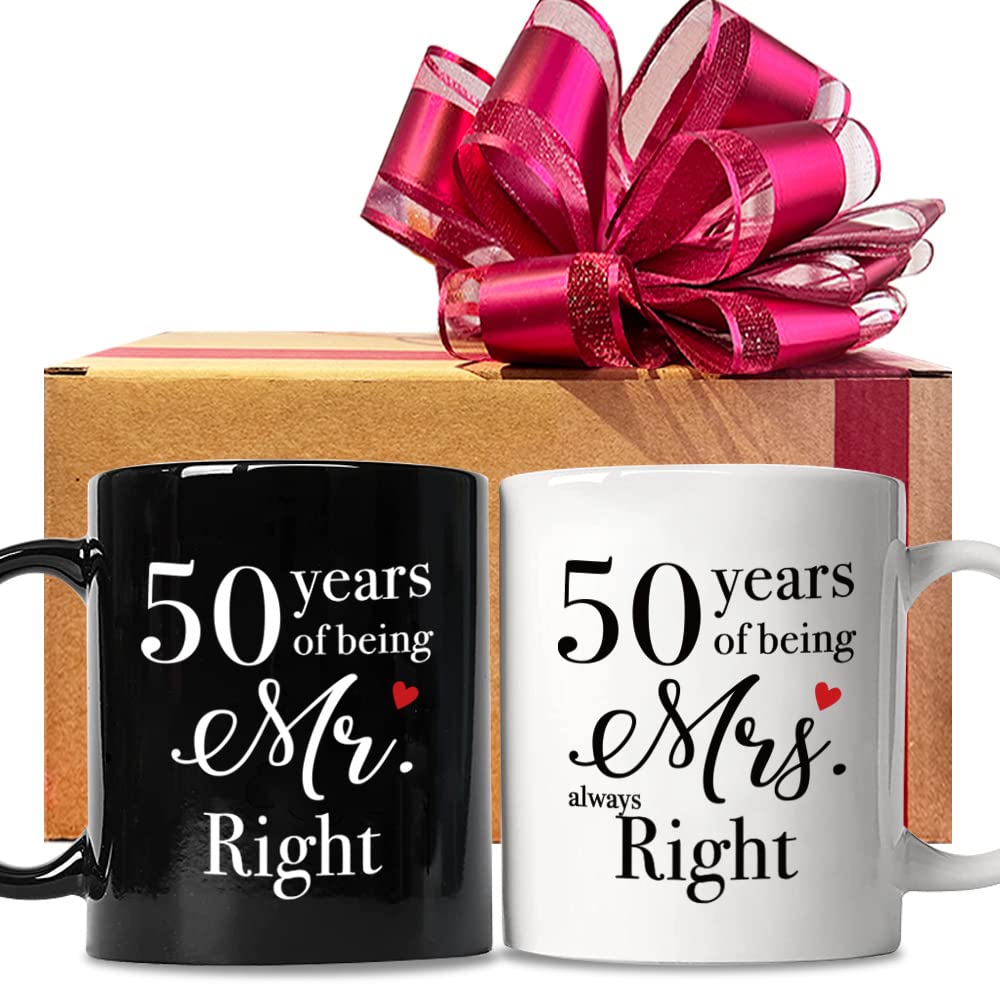 FALJIOK 50 Year Anniversary Coffee Mugs Set of 2, 50 Years of Being Mr Right & Mrs Always Right Mug 11oz, 50th Wedding Anniversary Mug Gifts for Couple Parents Grandparents