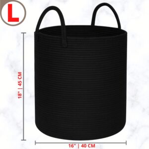 MINTWOOD Design Large 18 x 16 Inches Decorative Woven Cotton Rope Basket, Tall Laundry Basket Hamper, Blanket Basket for Living Room, Storage Baskets for Toys, Towel, Throw, Pillow, Full Black