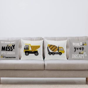 ZJSYXXU Construction Truck Kids Pillow Covers - Construction Room Decor for Boys, Construction Toddler Bedding Decorative Throw Pillows Cover for Bedroom Playroom, 18x18 Pillow Cover Set of 4