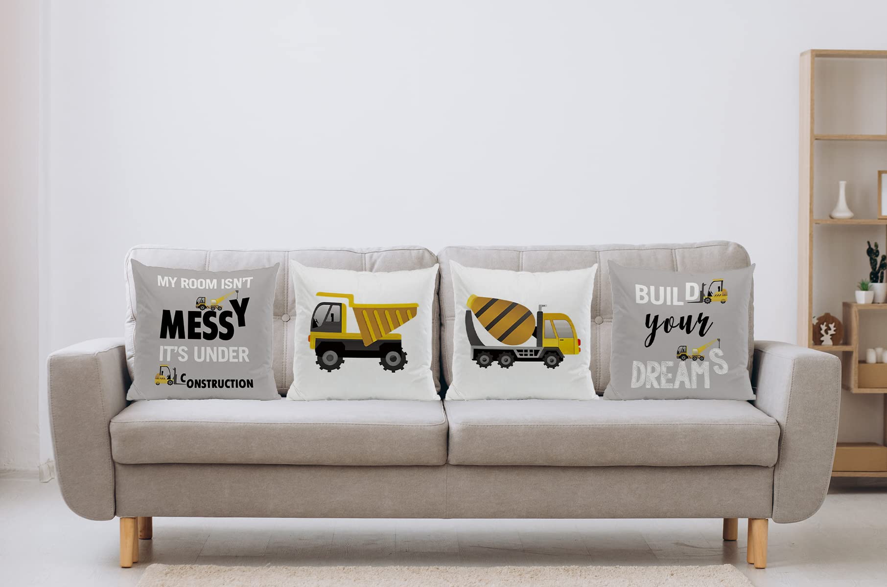 ZJSYXXU Construction Truck Kids Pillow Covers - Construction Room Decor for Boys, Construction Toddler Bedding Decorative Throw Pillows Cover for Bedroom Playroom, 18x18 Pillow Cover Set of 4