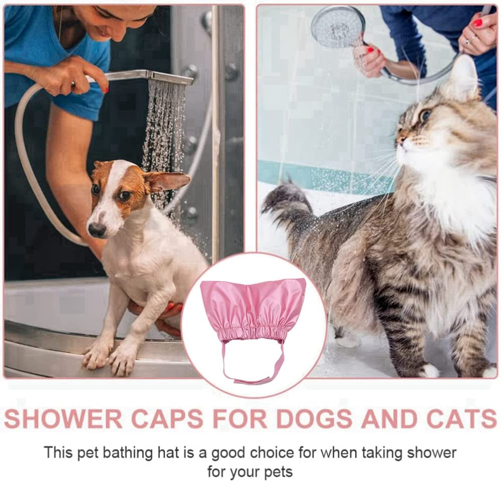 Pet Shower Cap - Waterproof Reusable Bath Ear Covers with Adjustable Strap Prevent Water in Ears Elastic Headgear for Cat Dog Kitten Puppy (S (10.2''-13.4''), Pink)