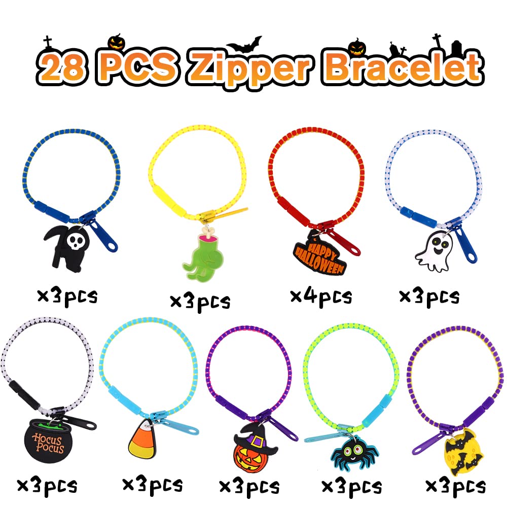 YUJUN 28PCS Halloween Zipper Bracelets for Kids,Halloween party favor Fidget Zipper Wristbands Bulk Trick or Treat Gifts Prizes Giveaways Candy Goodie Bag Stuffers and Kids Halloween Party Supplies