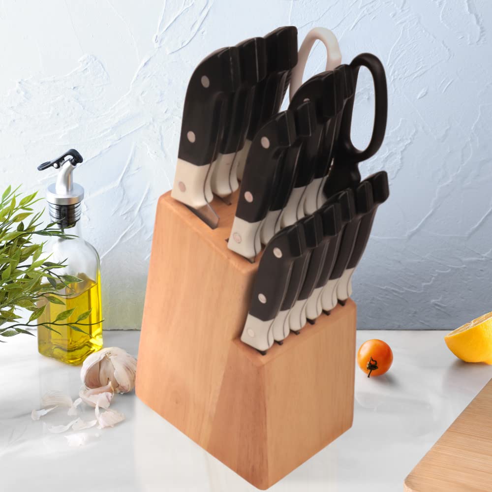 Kitchen knife holder elegant & sturdy (15 slots). Universal knife block with slots for knives, scissor and sharpenner. Knife Block without Knives. Kitchen knife holders for counter top. (Pine)