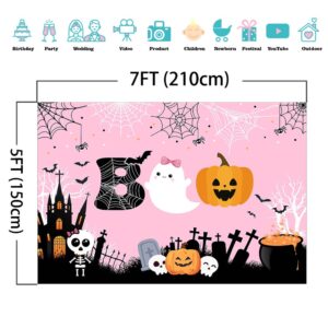 Mocsicka Halloween Boo Backdrop Cute Spooky Ghost Pumpkin Trick or Treat Background Pink Little Boo Girl Baby Shower or Birthday Party Cake Table Decoration Banner Photo Booth Props (7x5ft)