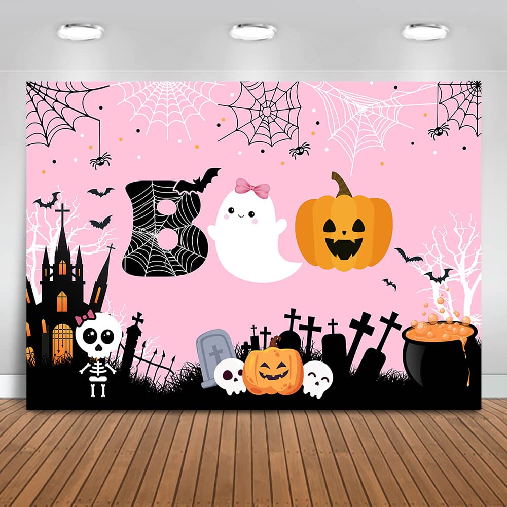 Mocsicka Halloween Boo Backdrop Cute Spooky Ghost Pumpkin Trick or Treat Background Pink Little Boo Girl Baby Shower or Birthday Party Cake Table Decoration Banner Photo Booth Props (7x5ft)