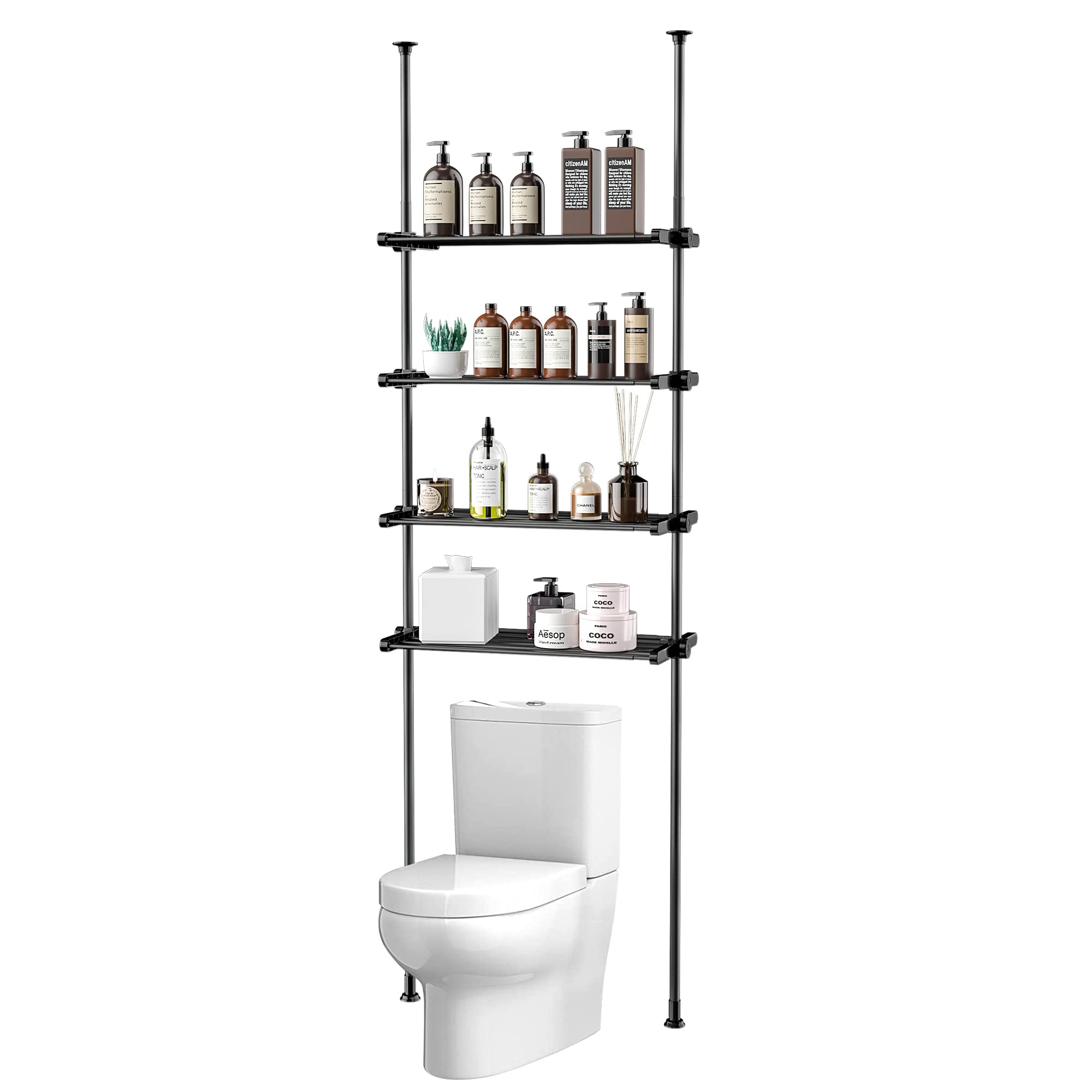 XIHUAN Adjustable Over The Toilet Storage Bathroom Organizer and Storage Shelf Stand Space Saving with Tension Poles 4 Tier Metal Rack White