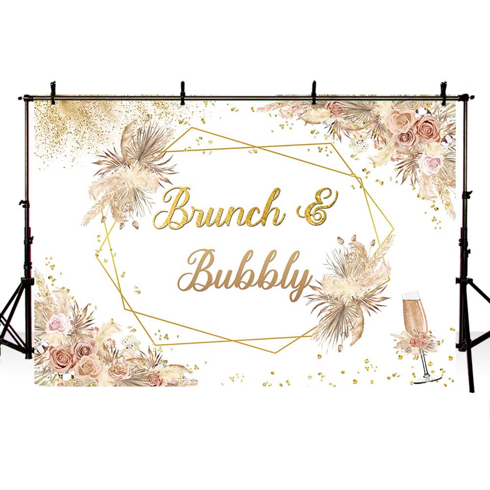 SENDY 7x5ft Boho Brunch and Bubbly Backdrop Bridal Shower Party Decorations Supplies Wedding Bachelorette Banner Bohemia Floral Pampas Gold Champagne Photography Background Cake Table Photo Booth Prop