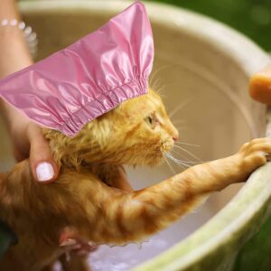 Pet Shower Cap - Waterproof Reusable Bath Ear Covers with Adjustable Strap Prevent Water in Ears Elastic Headgear for Cat Dog Kitten Puppy (S (10.2''-13.4''), Pink)