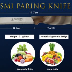 SMI - 6 Pcs Paring Knife Set Serrated Edge, Vegetable Knife, Fruit Knife, Kitchen Knife Made in Solingen Germany (Brown White)