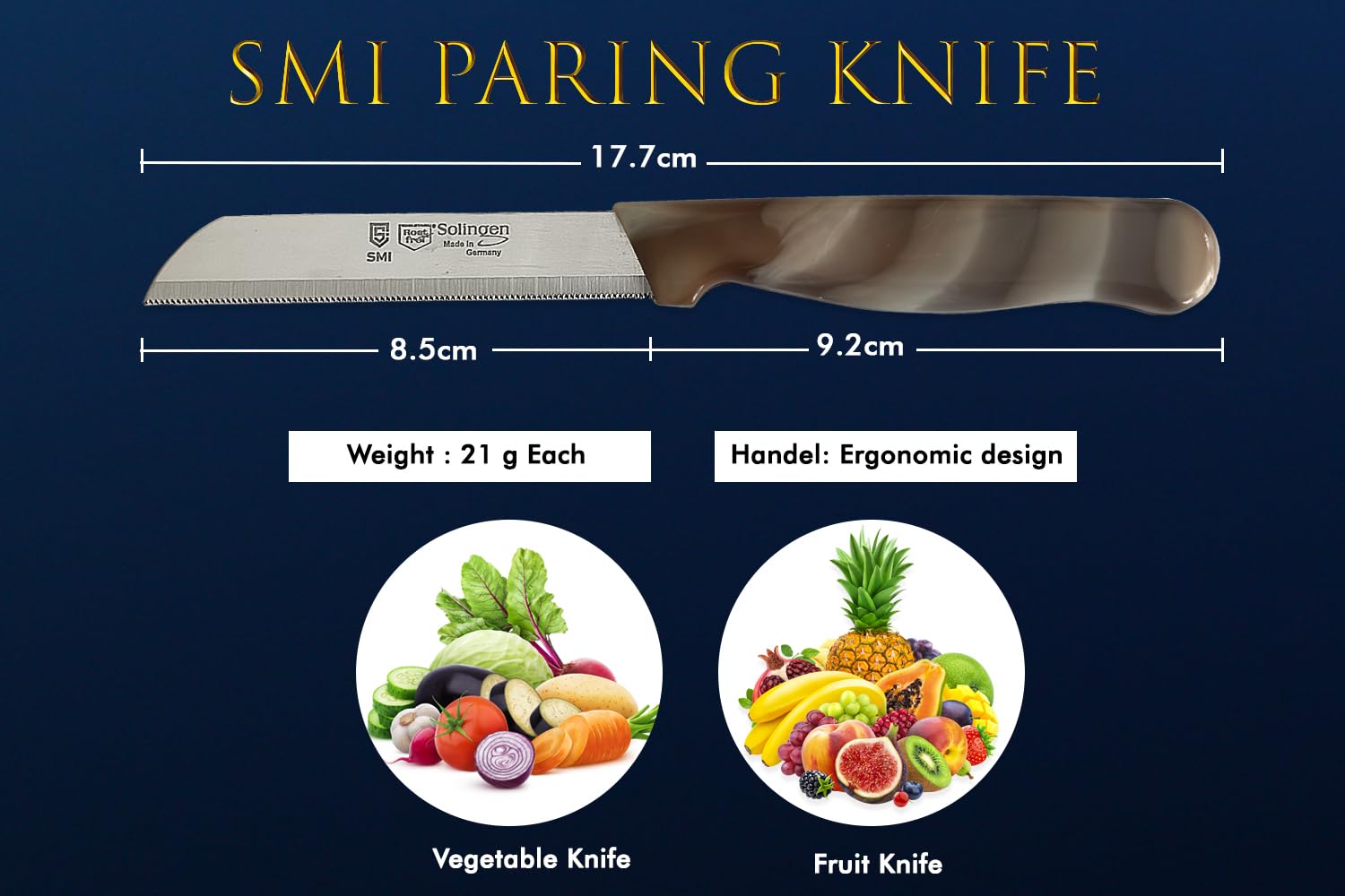 SMI - 6 Pcs Paring Knife Set Serrated Edge, Vegetable Knife, Fruit Knife, Kitchen Knife Made in Solingen Germany (Brown White)