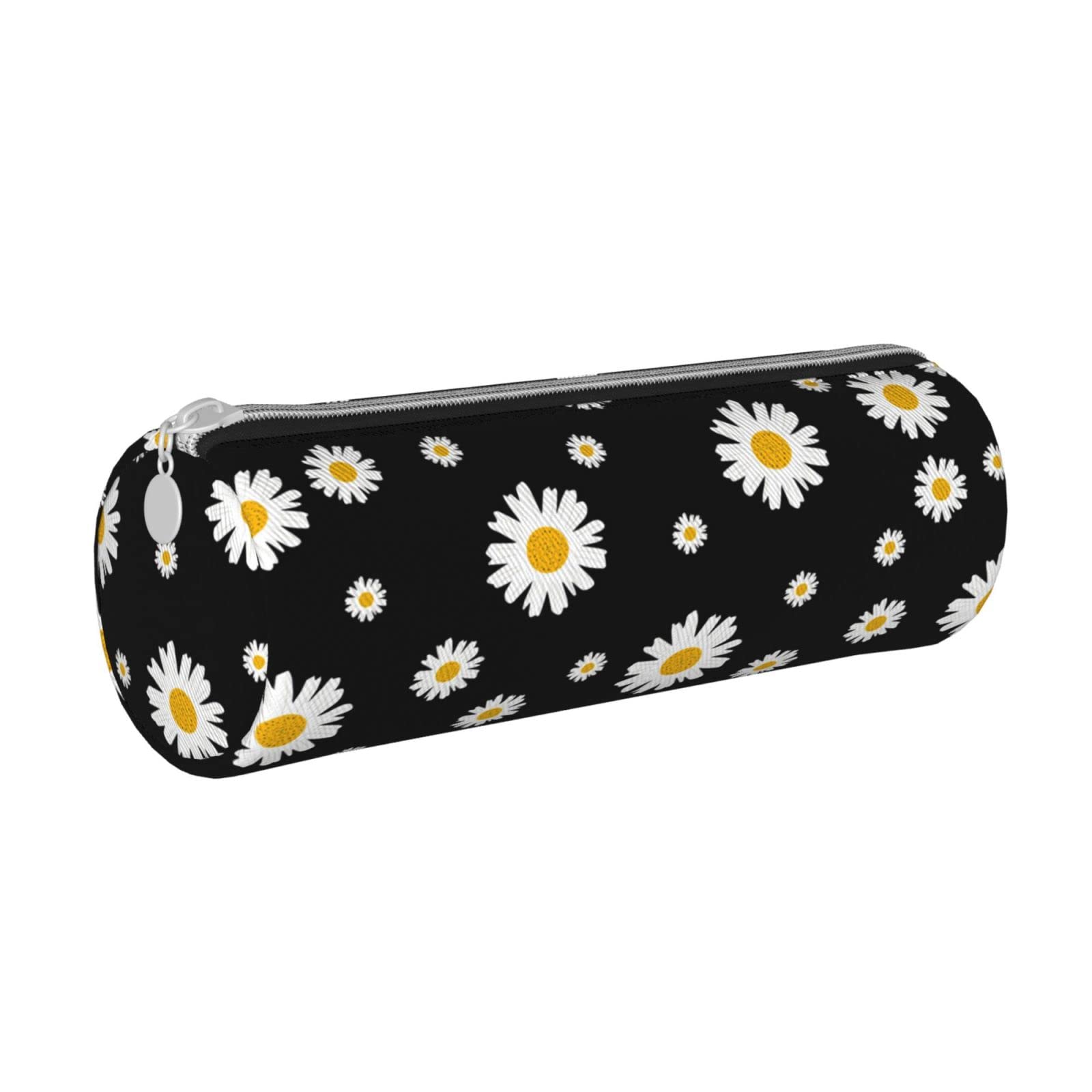 Ykklima White Yellow Daisy Flower Black Leather Pencil Case Zipper Pen Makeup Cosmetic Holder Pouch Stationery Bag for School Work Office