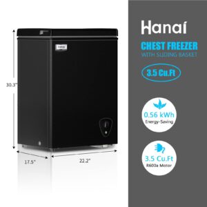 Chest Freezer WANAI 3.5 Cubic Small Deep Freezer, Compact Deep Freezer with Top Open Door and Removable Storage Basket, 7 Gears Temperature Control, for Office Dorm or Apartment (Black)