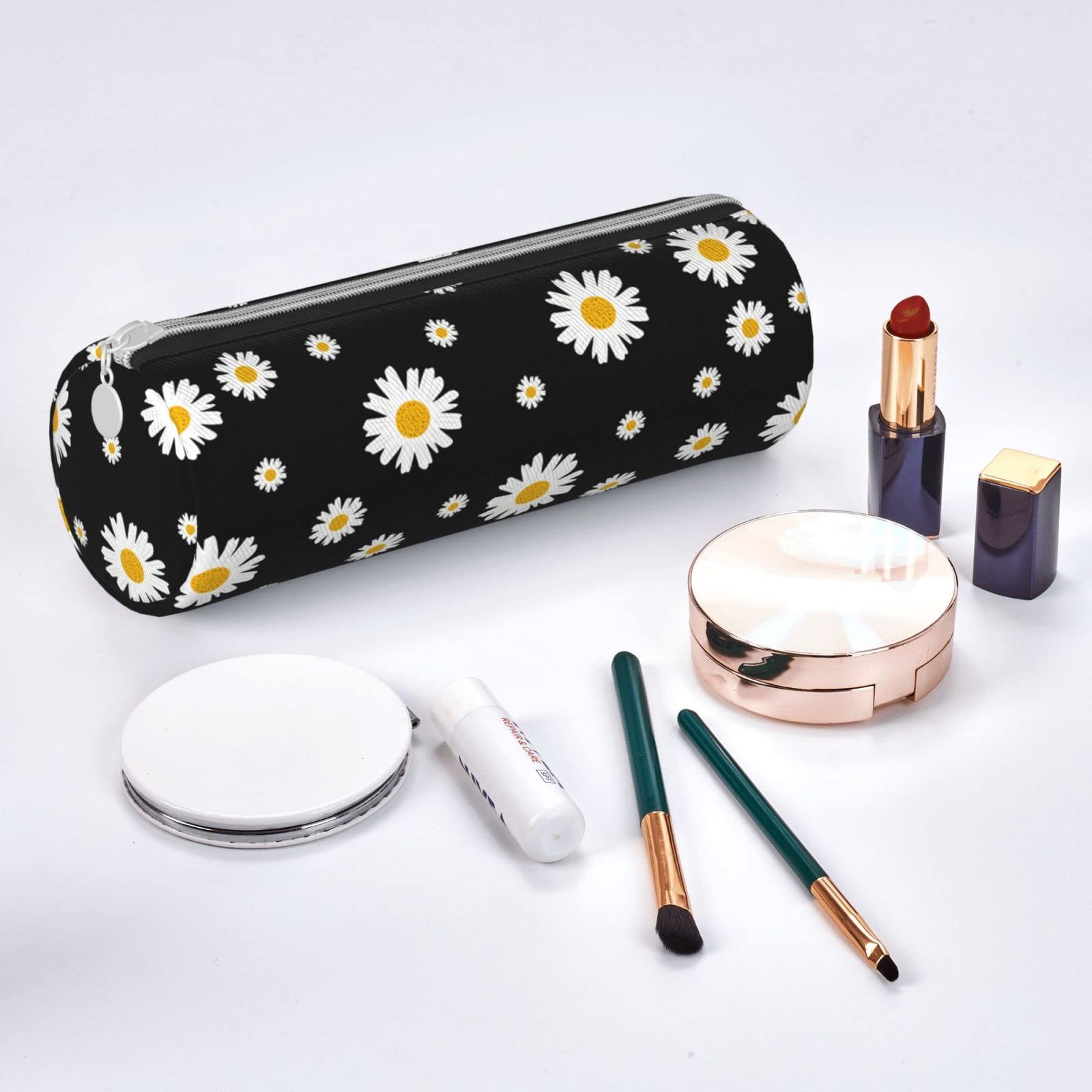 Ykklima White Yellow Daisy Flower Black Leather Pencil Case Zipper Pen Makeup Cosmetic Holder Pouch Stationery Bag for School Work Office