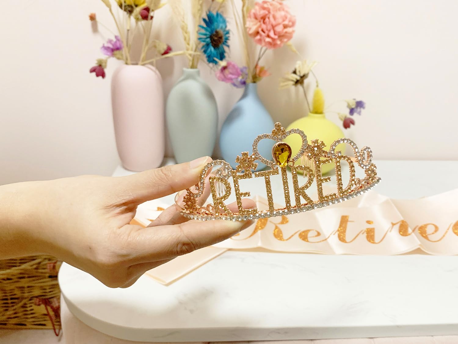 JETKONG Retirement Party Decorations Retired Tiara/Crown, Retired Sash for Women Retirement Gifts, Retirement Party Supplies, Gifts, Favors (Rose Gold)