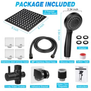 Taiker Shower Head, High Pressure 8'' Rainfall Stainless Steel Shower Head/Handheld Combo with 60'' Hose Anti-leak Shower Head with Holder, Flow Regulator, Chrome, 4 Shower Hooks Black