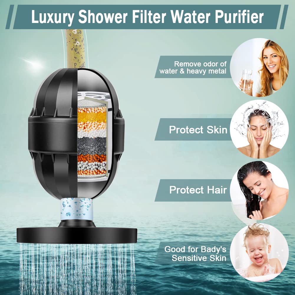 Taiker Filtered Shower Head, High Pressure Rainfall Shower Head/Handheld Shower Filter Combo, Luxury Modern Chrome Plated with 60'' Hose Anti-leak with Holder (Black)