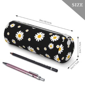 Ykklima White Yellow Daisy Flower Black Leather Pencil Case Zipper Pen Makeup Cosmetic Holder Pouch Stationery Bag for School Work Office