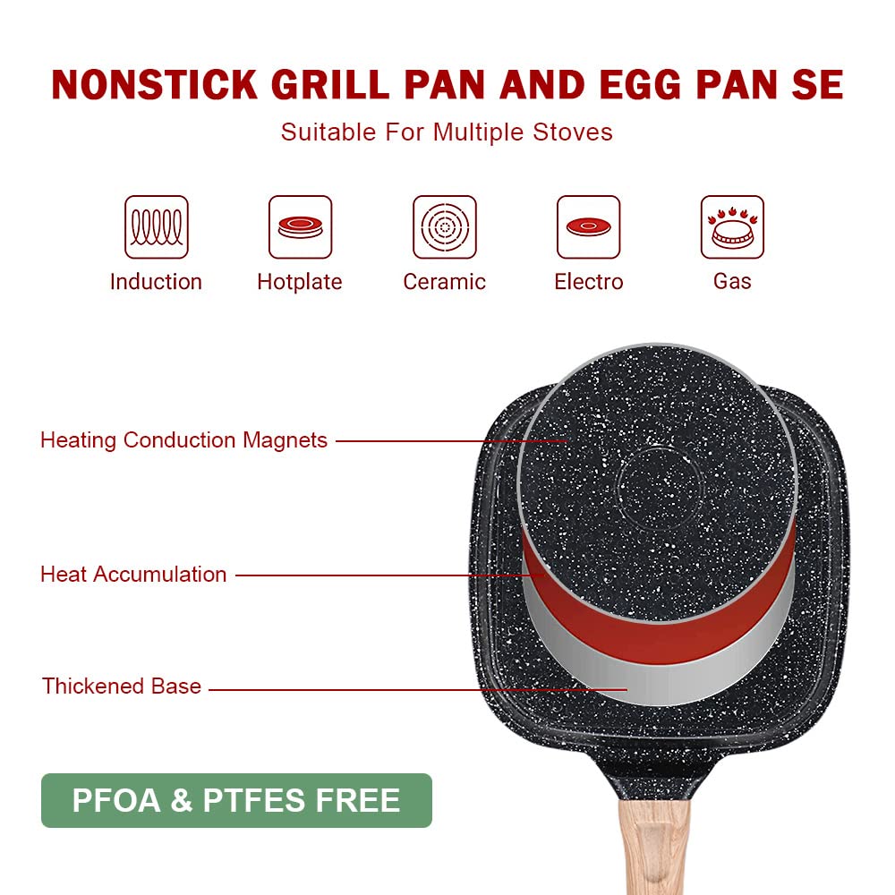 Bobikuke 2-Piece Set, Nonstick Aluminum Egg Pan and Grill Pan with Glass Lid, Induction Compatible, PFOA and PTFE Free