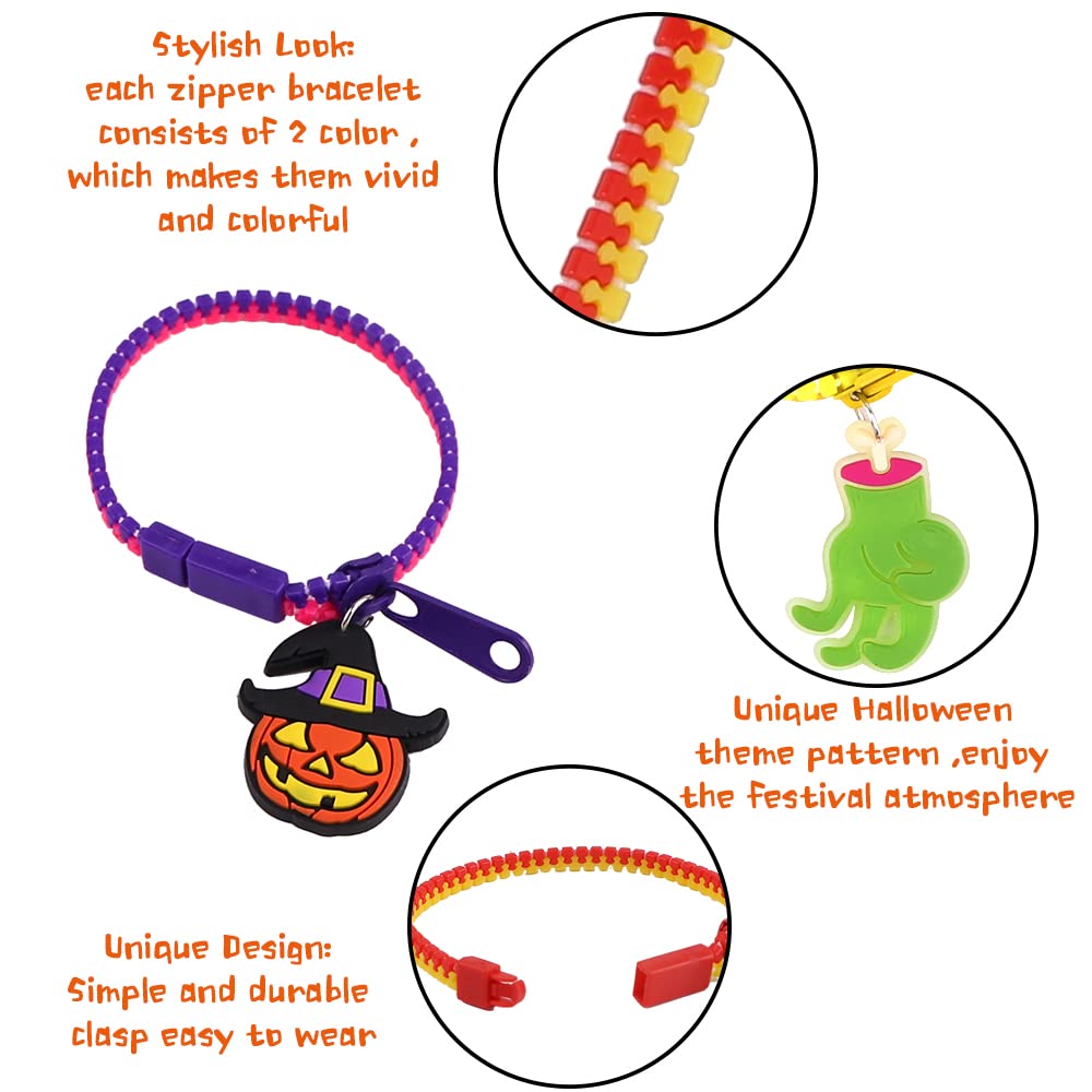 YUJUN 28PCS Halloween Zipper Bracelets for Kids,Halloween party favor Fidget Zipper Wristbands Bulk Trick or Treat Gifts Prizes Giveaways Candy Goodie Bag Stuffers and Kids Halloween Party Supplies