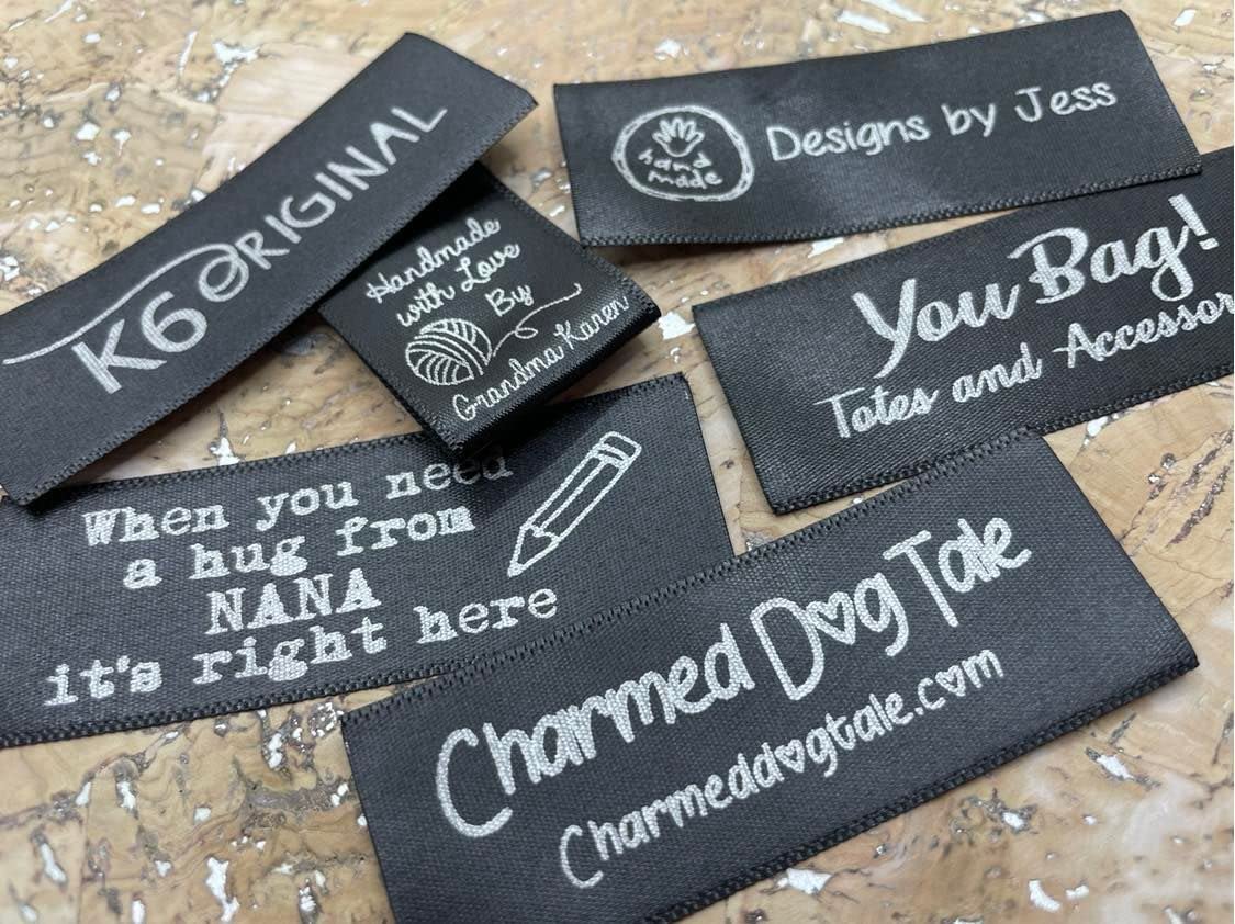 30 Black Custom Printed Satin Fabric Labels Sew On for Clothing, Crafts, Nursing Home Clothing, Children's Clothing, Knitting, Crocheting, Handmade Items