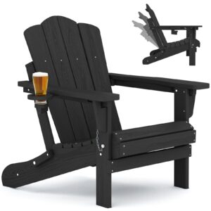 kingyes folding adjustable backrest adirondack chair with cup holder, oversized weather resistance adirondack chair, hdpe reclining adirondack chair for adult, black